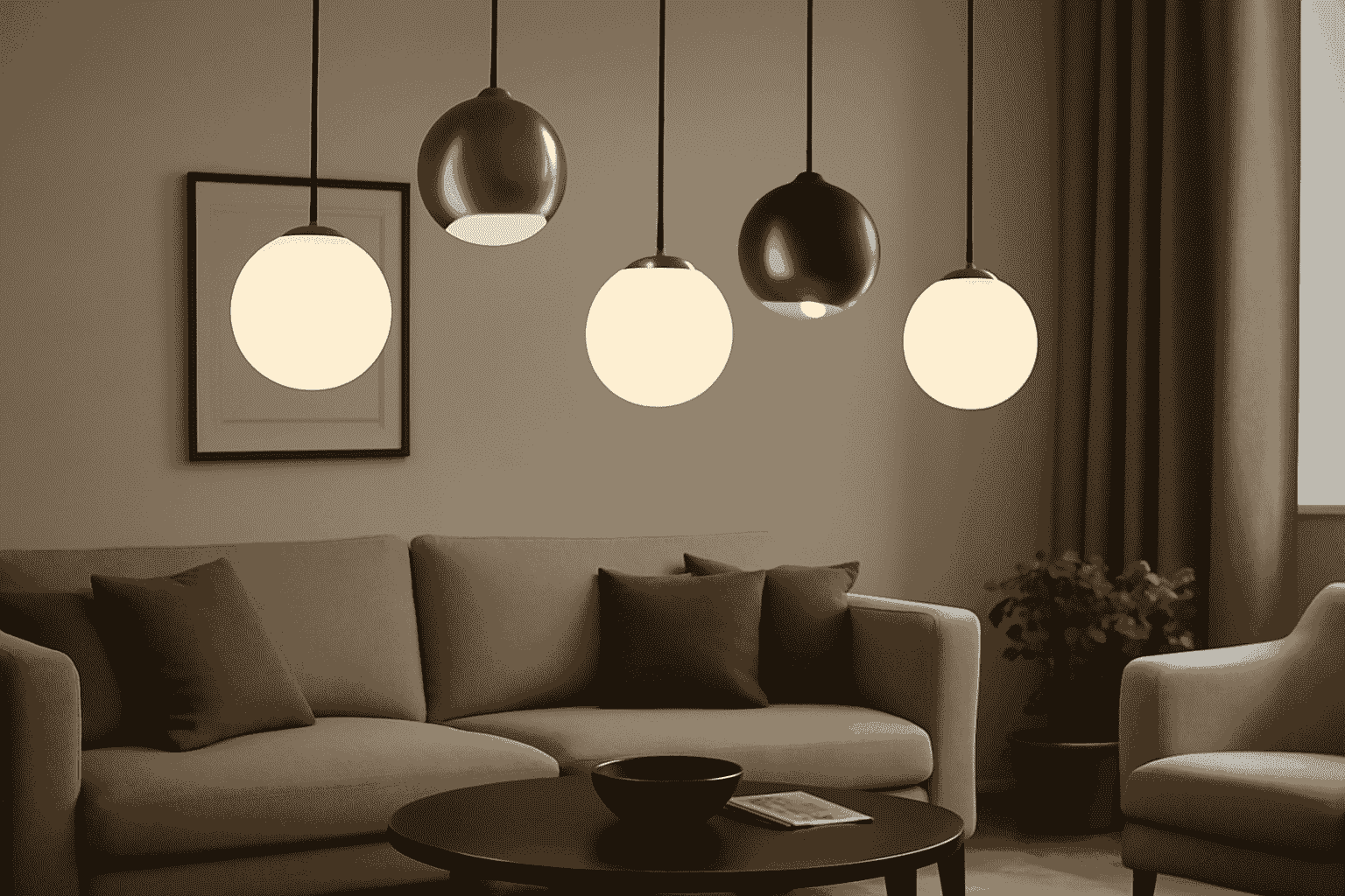 Modern pendant lighting design with frosted glass and brass accents in a living room, featuring minimalist decor