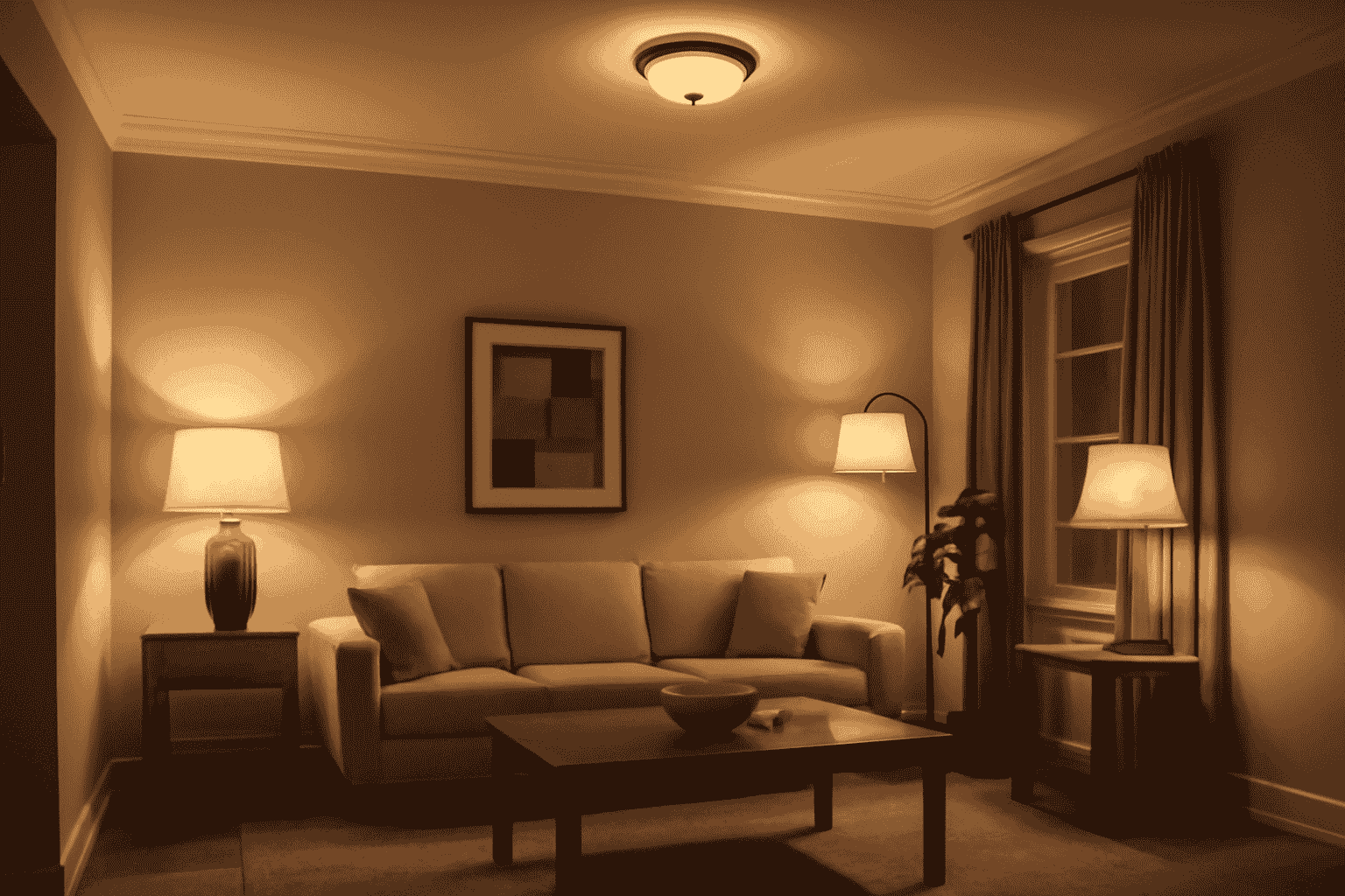Layered lighting design in a cozy living room, beige tones, wooden furniture, elegant table lamps