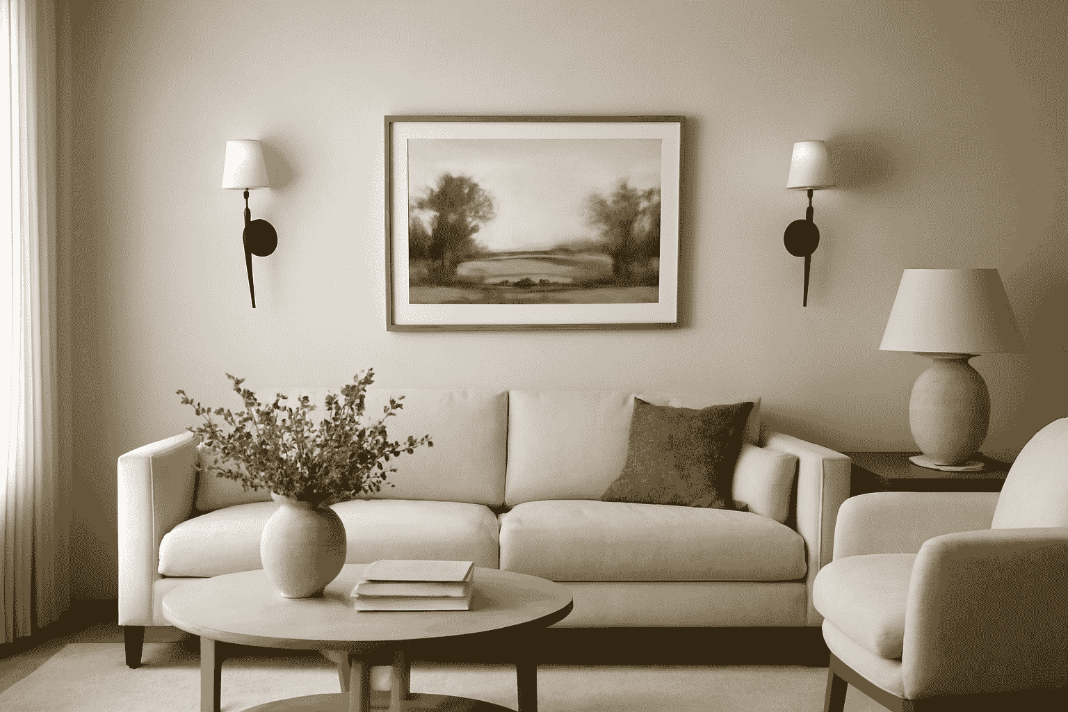 Modern minimalist design with wall sconces in a beige living room, highlighted by greenery and artwork
