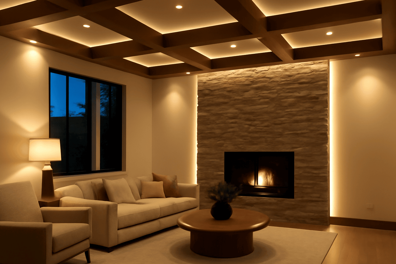 Modern design with warm tones in the living room, featuring exposed beams and ambient lighting