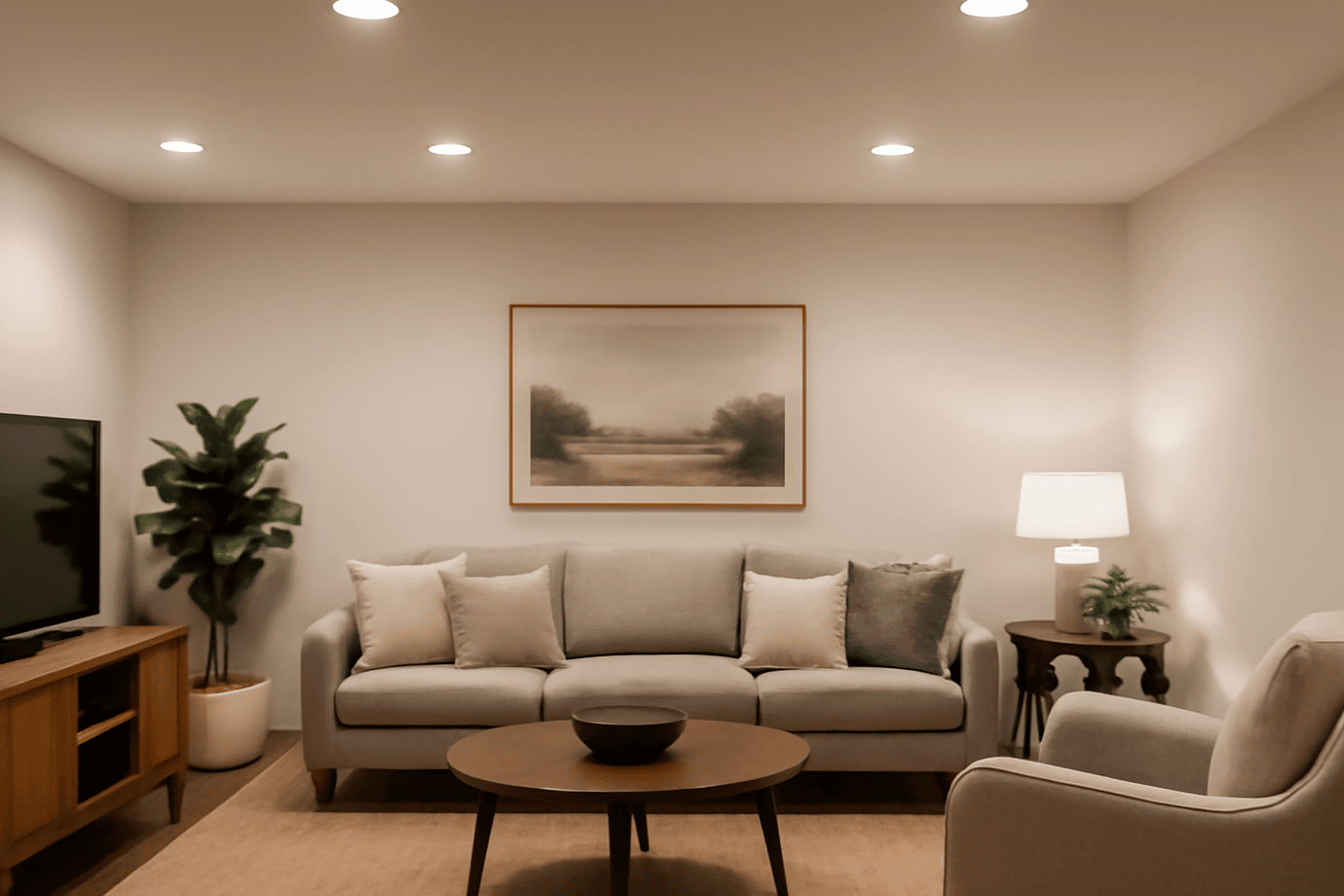 Modern recessed lighting design, neutral-toned living room, gray sofa, wooden coffee table, fiddle-leaf fig plant