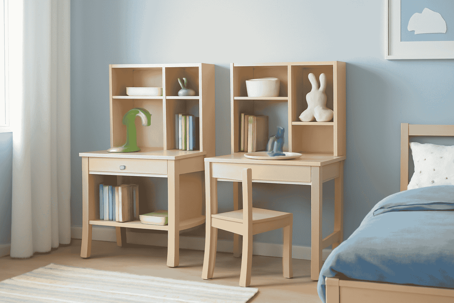 Compact study desks in a children's room with wooden desks, blue walls, colourful storage, and playful decor
