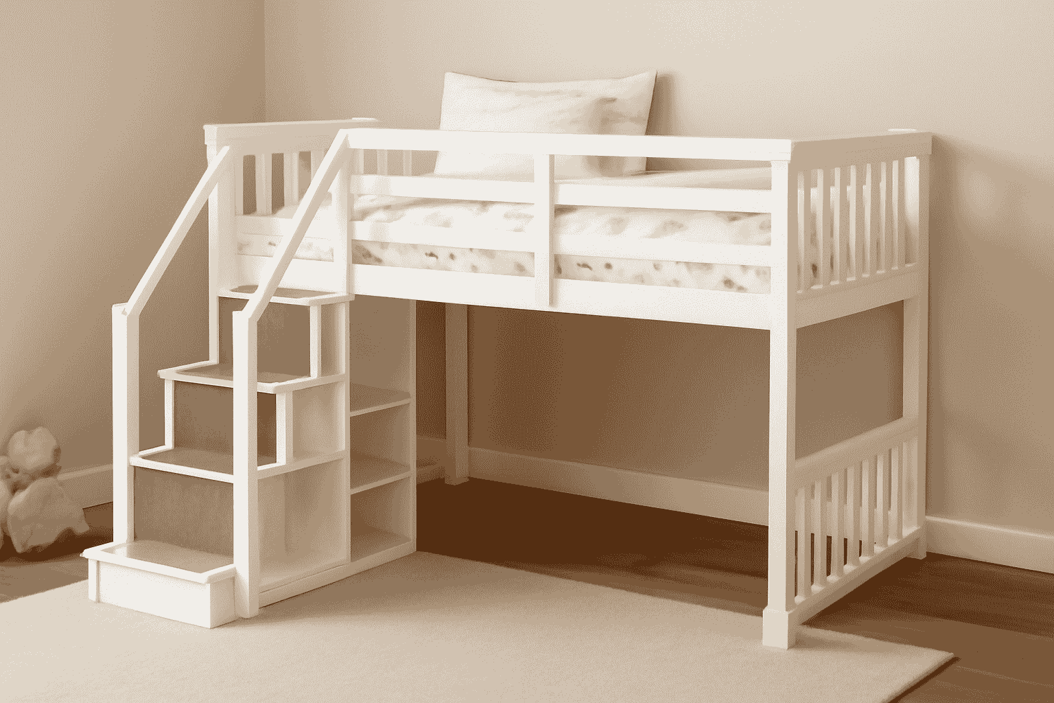 The children's loft bed with a staircase features white, beige, and light grey colours, with integrated storage
