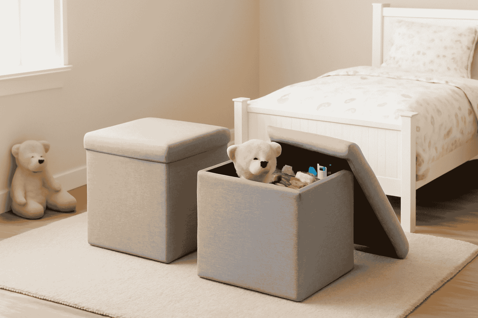 Fabric storage ottomans in light grey and beige, placed in a kid's bedroom with teddy bears as highlighted accessories