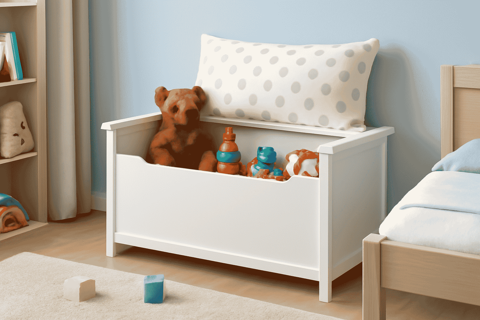 A modern toy storage bench in a kid's room, featuring white wood, soft blue walls, and a polka dot cushion