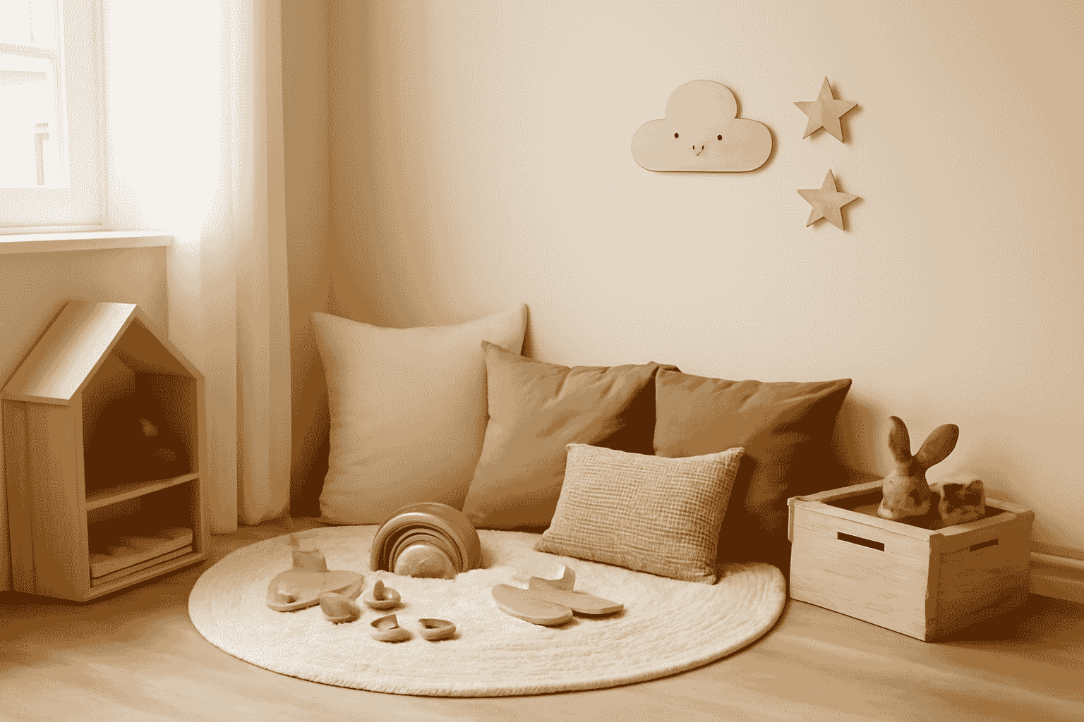 Cosy corner play area design, soft pillows, neutral tones, wooden toys, rug, cloud wall decor