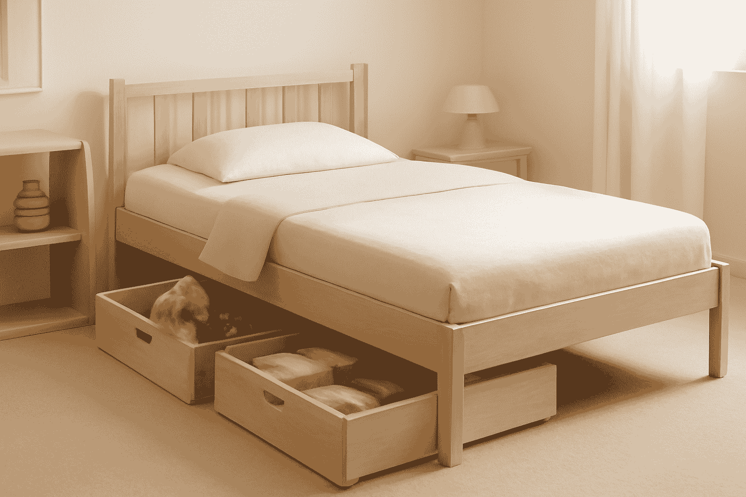 Bright, minimalist design with under-bed storage drawers in a kid's room