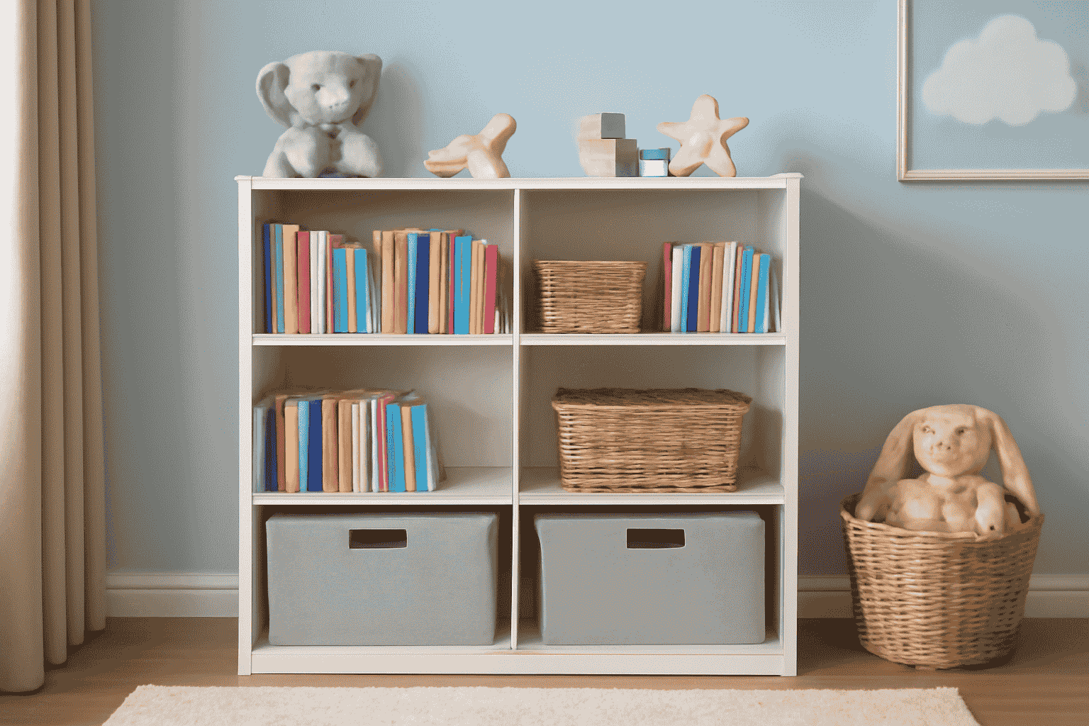Customizable bookshelves in a kid's room, pastel green walls, wooden shelves, colourful books, and woven baskets