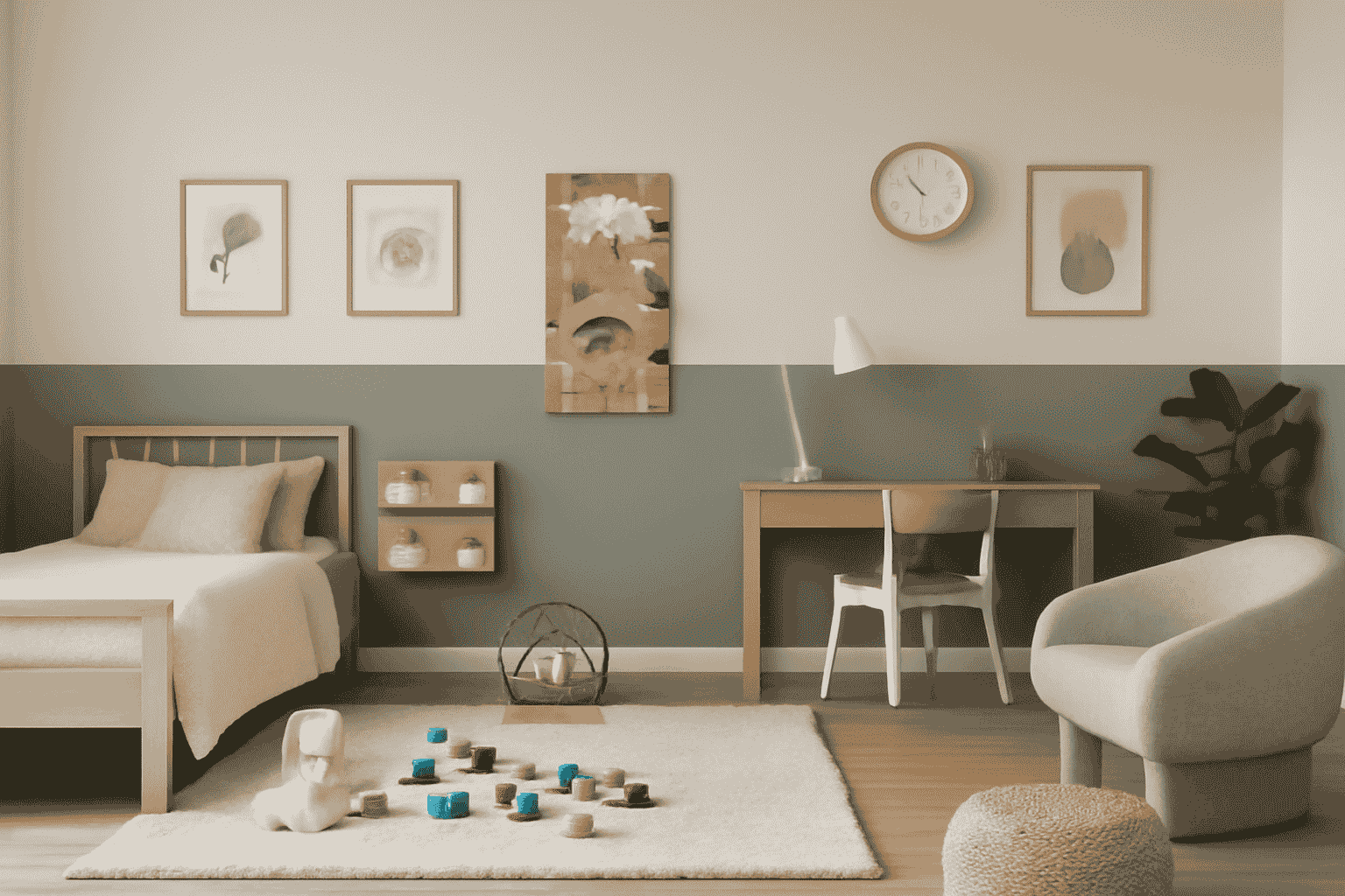 Playful to practical transition design, children's room, soft sage green, wood accents, cosy armchair