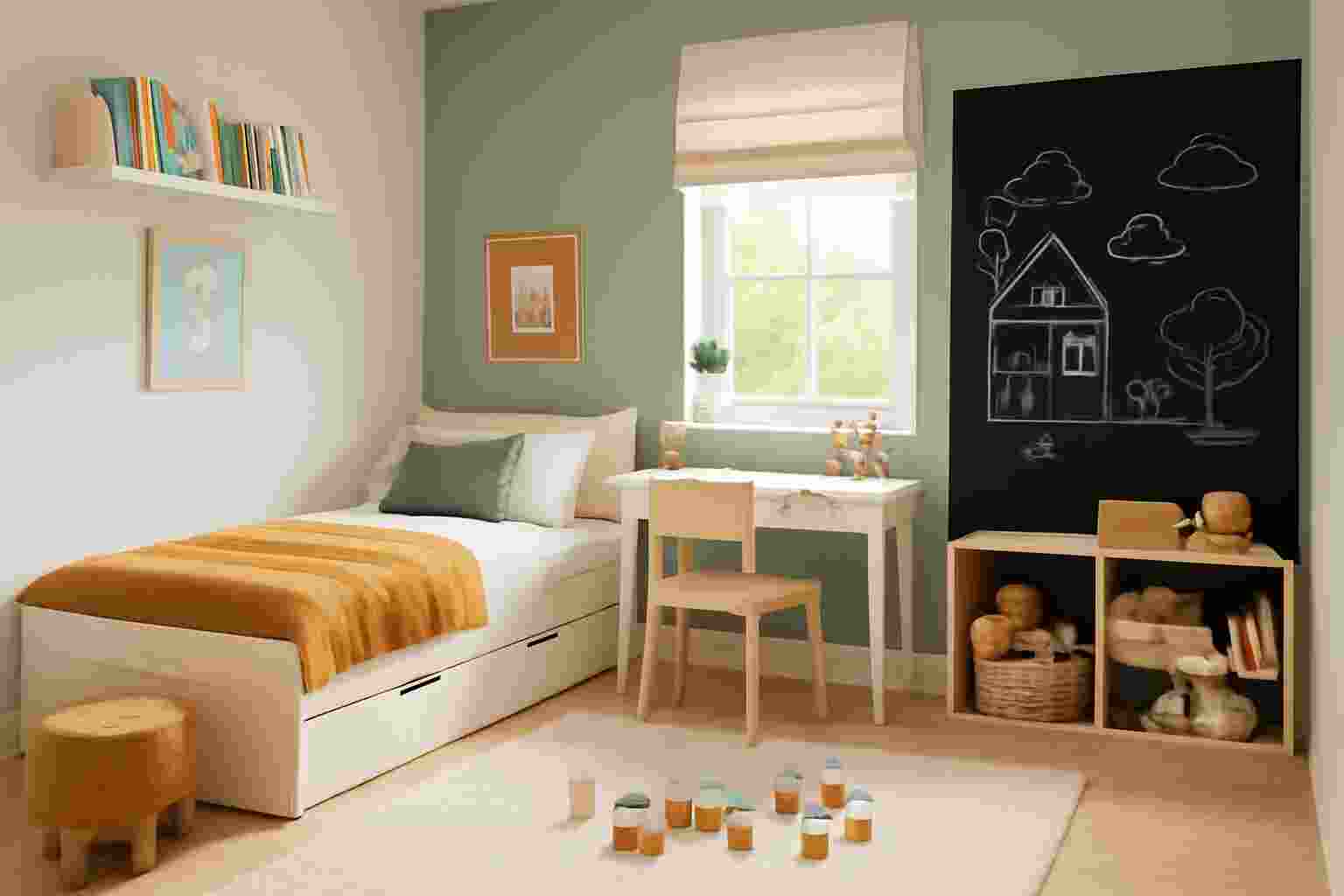 A multi-functional children's room design with neutral tones, featuring a chalkboard wall and storage furniture
