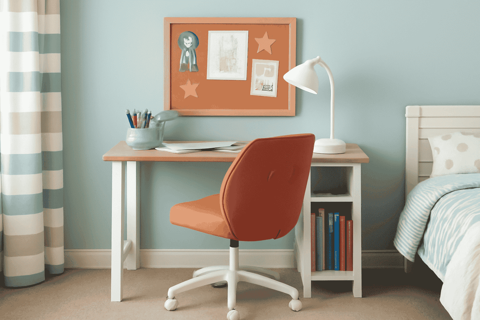Children's study area design with white desk, terracotta chair, mint organiser, light blue walls, and bulletin board