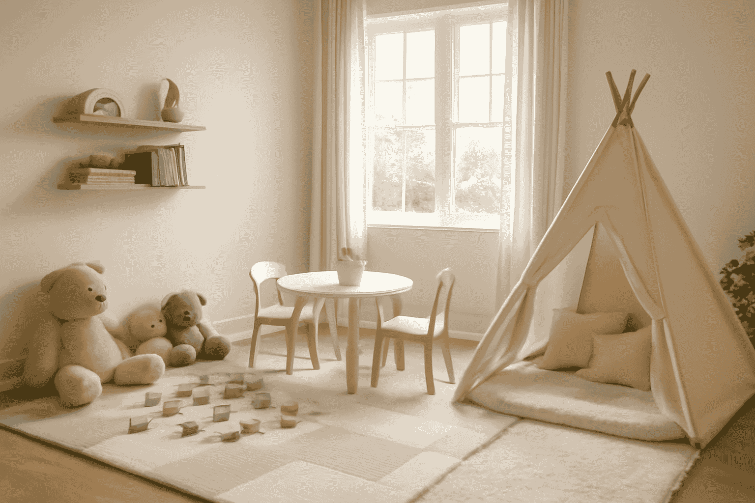 Multifunctional design for a kid's room with pastel colours and a canvas play tent