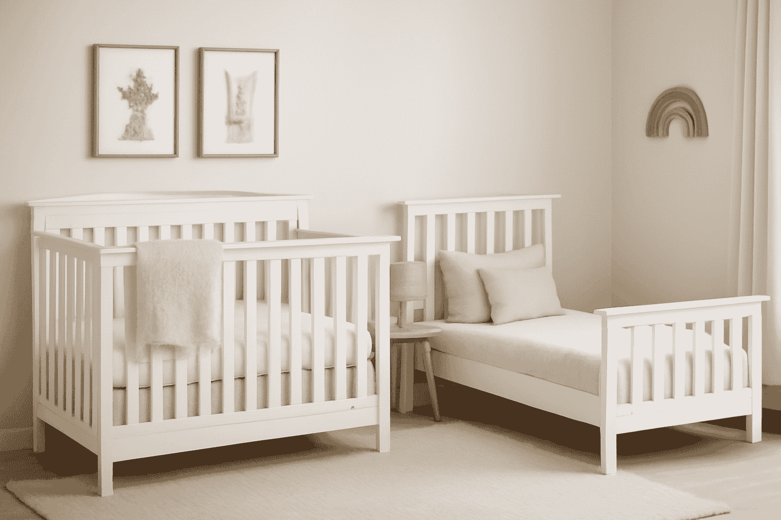 A modern nursery with a white convertible crib, toddler bed, and soft beige accents