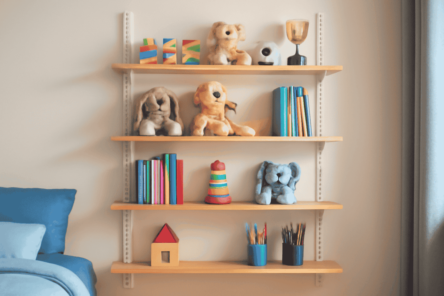 Wall shelving design for a kid's room with colourful toys, books, and stuffed animals