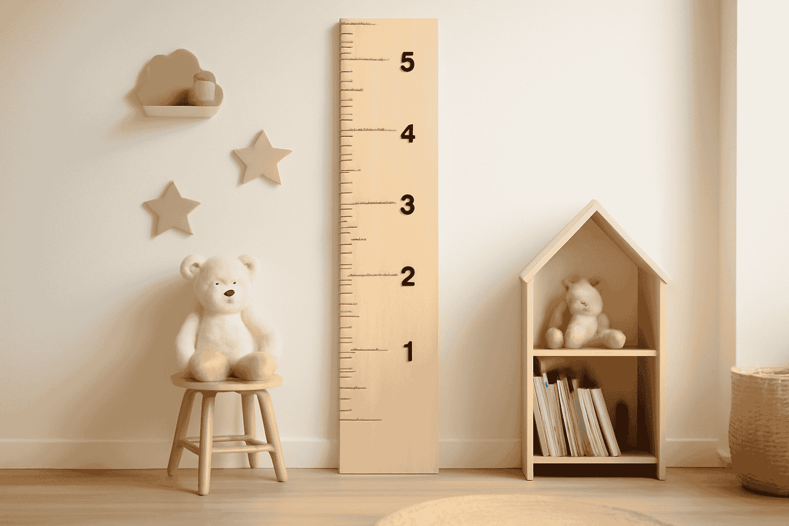A natural wood growth chart in a cosy kid's room with teddy bears, soft neutrals, and playful cloud shelves