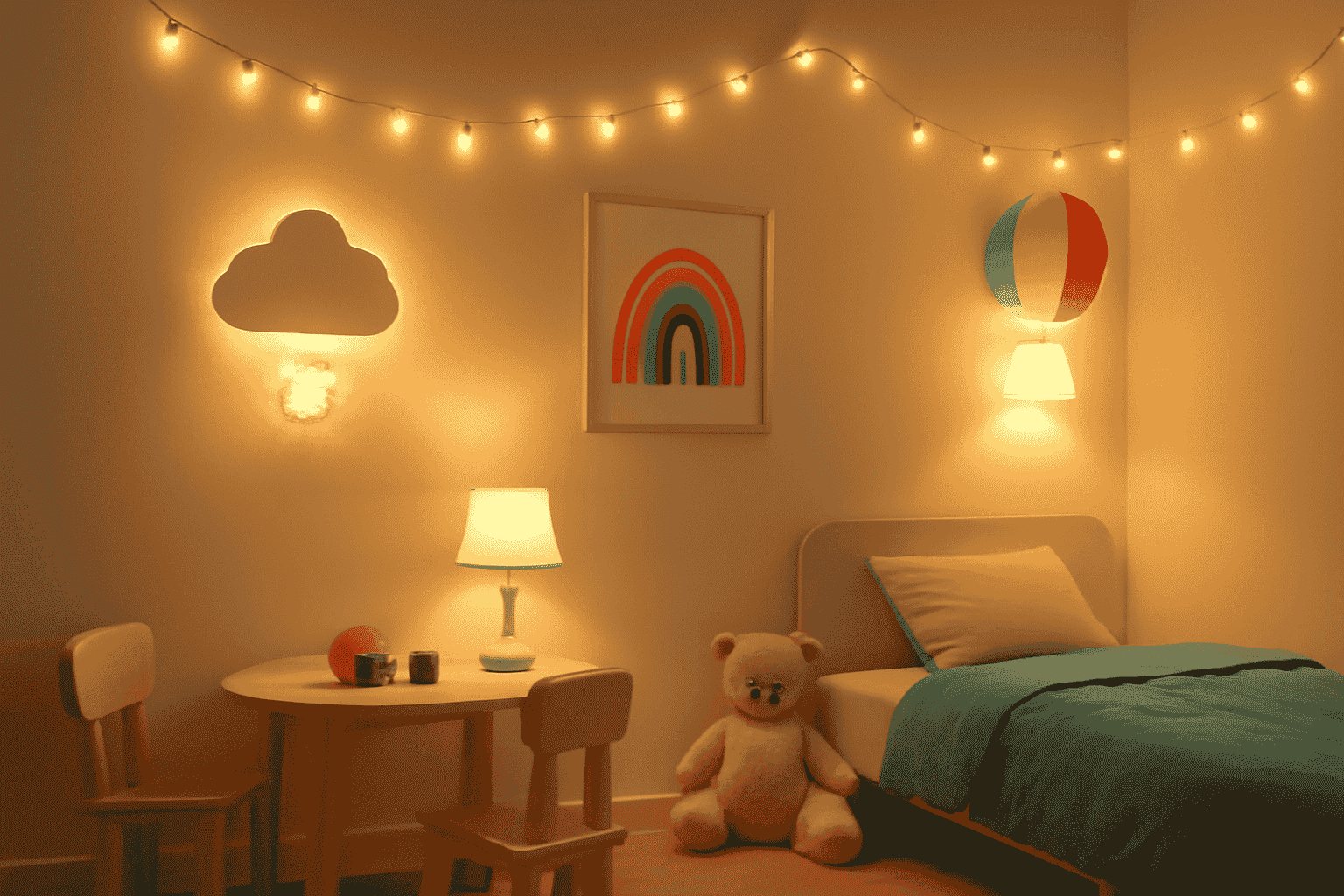 Flexible lighting design for a kid’s room, featuring colourful table lamps, wall sconces, and string lights