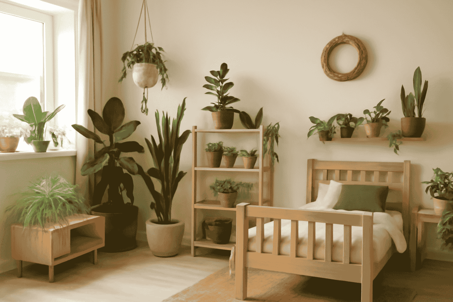 A minimalist children's bedroom with indoor plants, featuring wooden furniture, neutral walls, and green plant accents