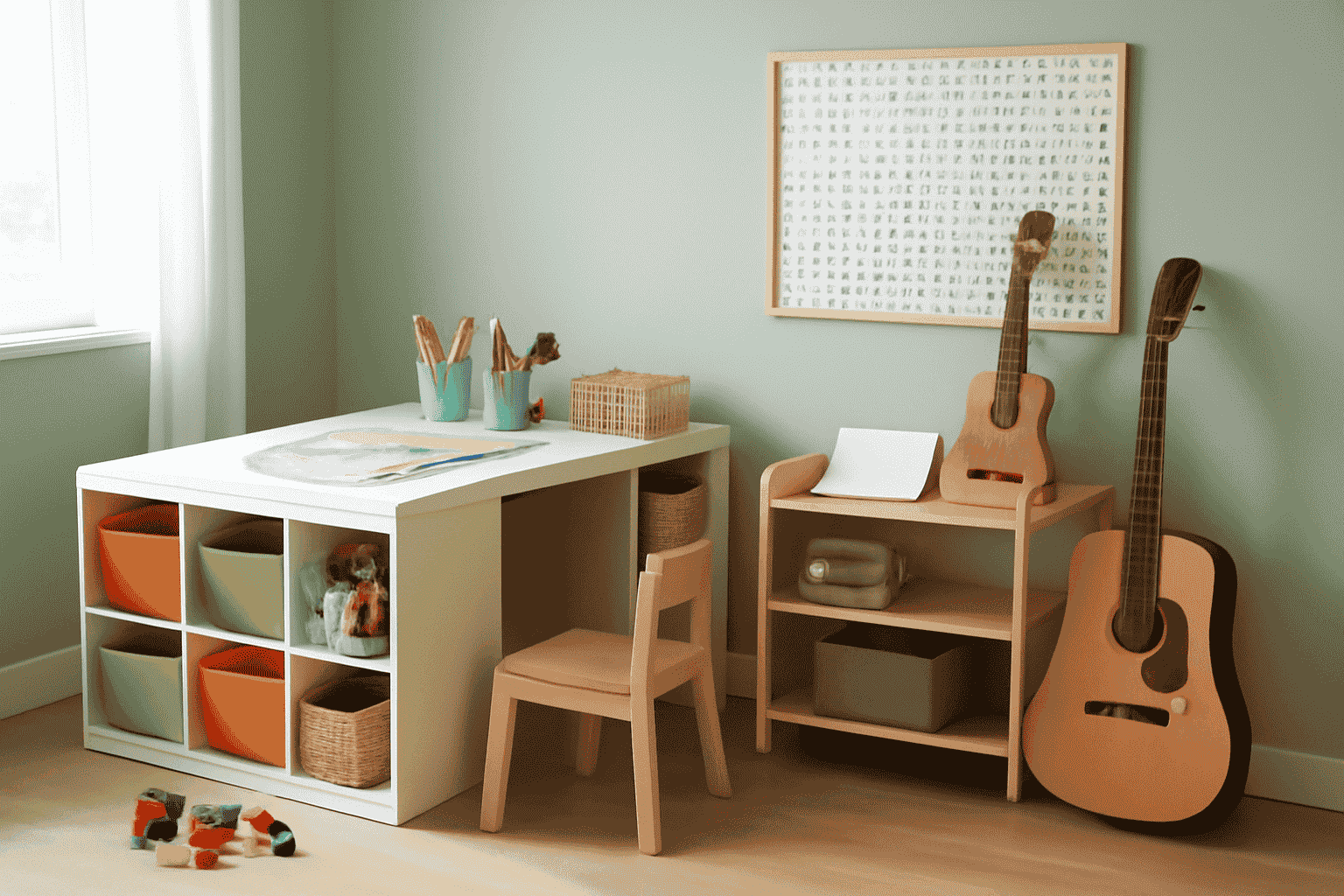 Children's hobby room design with modular table, vibrant colours, musical instruments, and art supplies