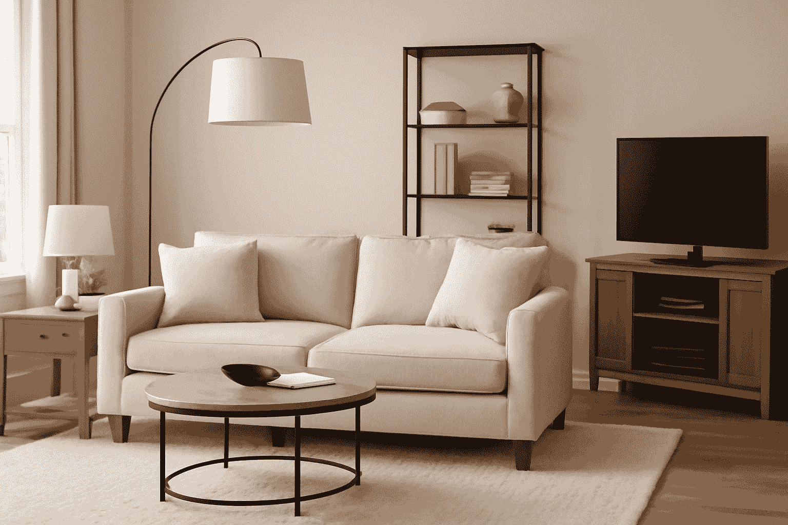 Modern cozy living room with beige sofa, wood accents, and arc floor lamp