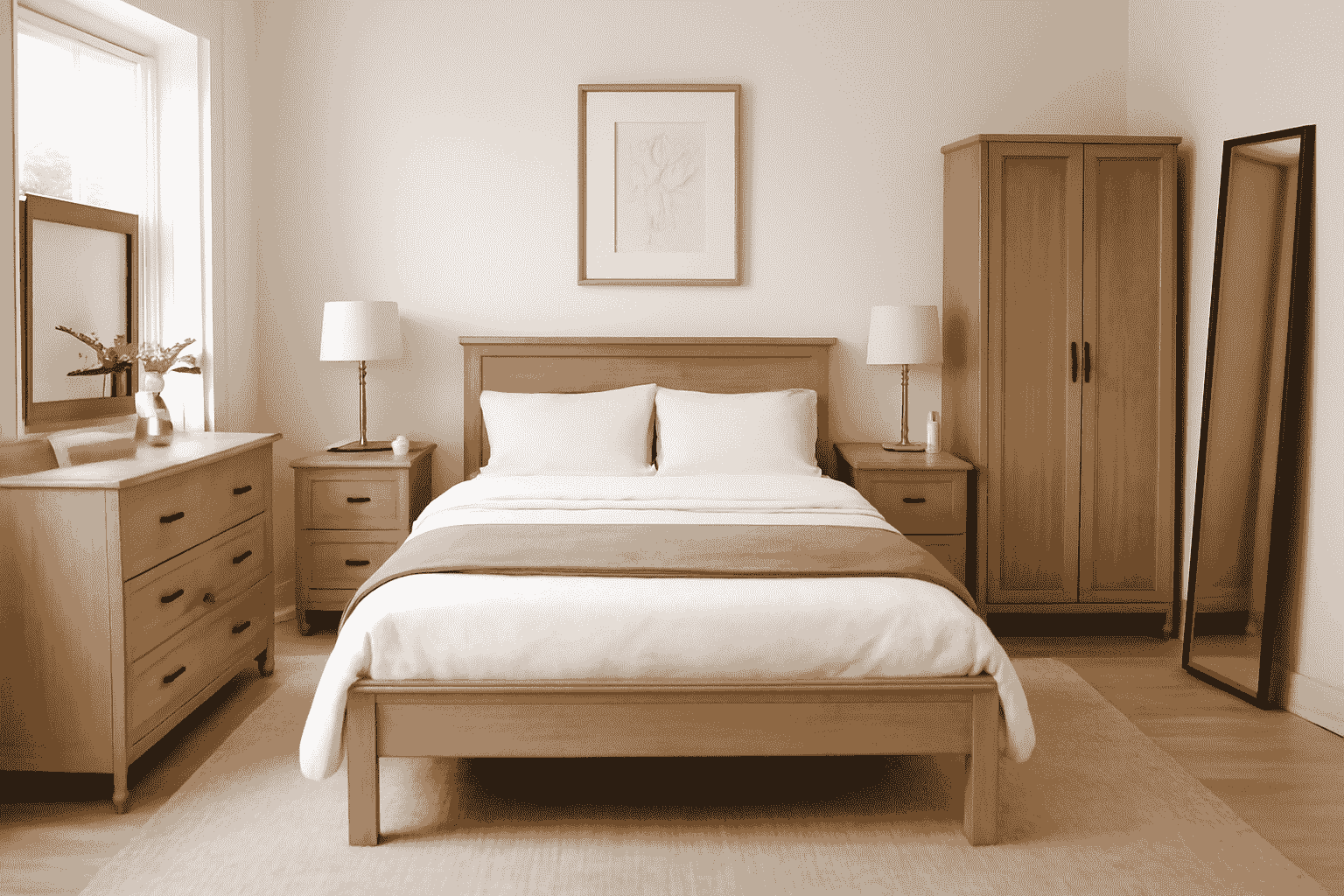 Minimalist wooden bedroom with neutral tones, featuring a full-length mirror.
