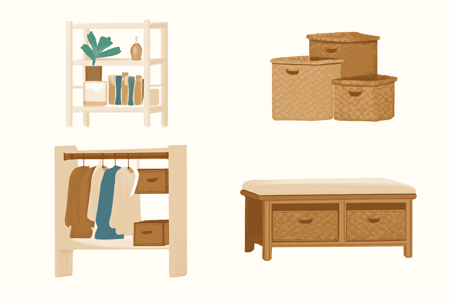 Minimalist storage furniture in living room with neutral tones and woven baskets