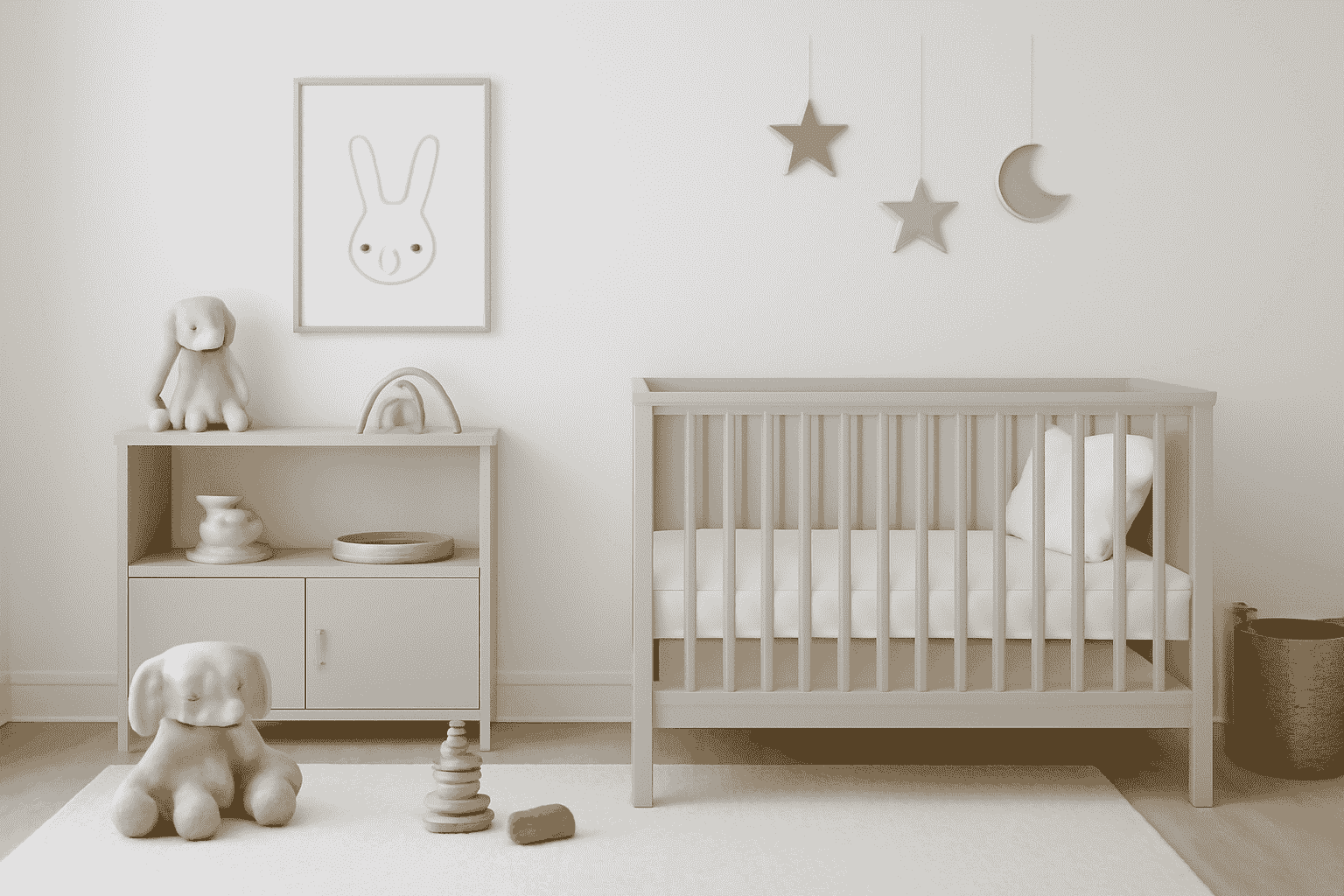 Minimalist Scandinavian design with soft grey crib, wooden toys, and playful wall décor