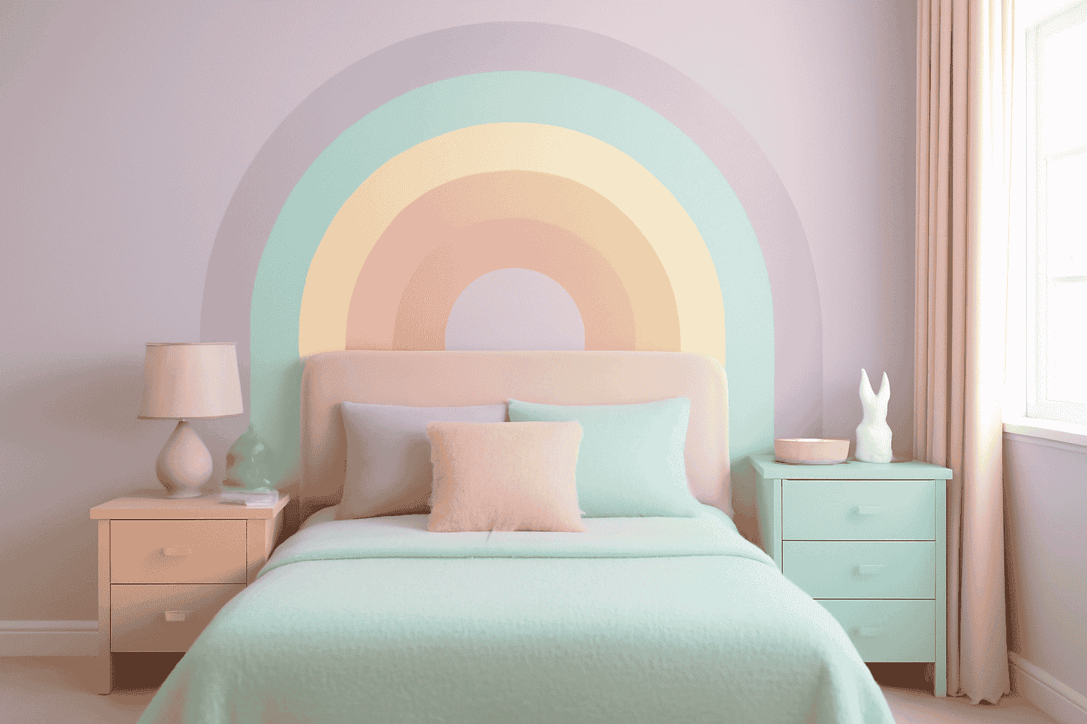 Pastel room with rainbow mural, cosy bed, mint green dresser, and blush curtains
