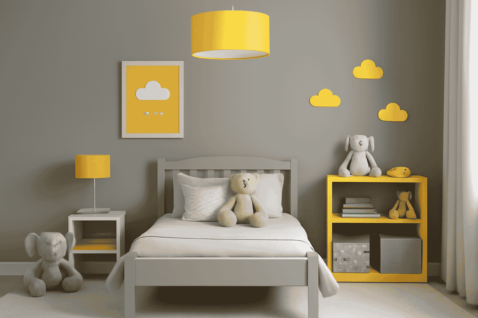 Cosy child's room design with soft grey and sunny yellow tones, highlighted by a yellow pendant light