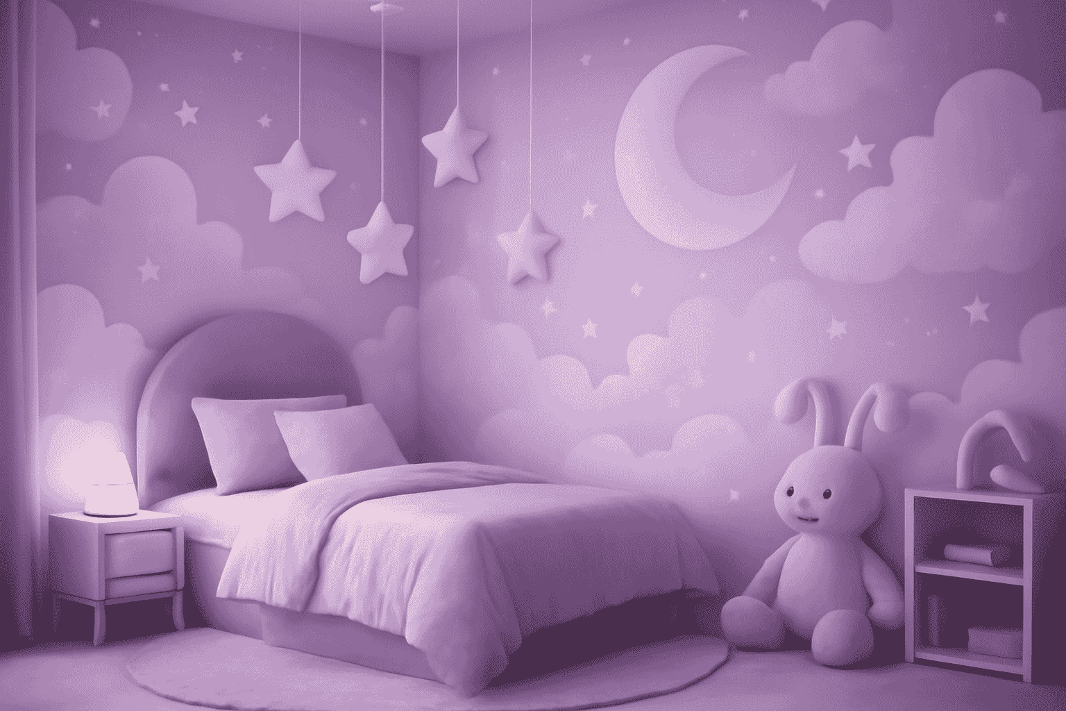 Dreamy children's bedroom design with purple and lilac tones, featuring cloud wall art, moon, stars, and a plush bunny