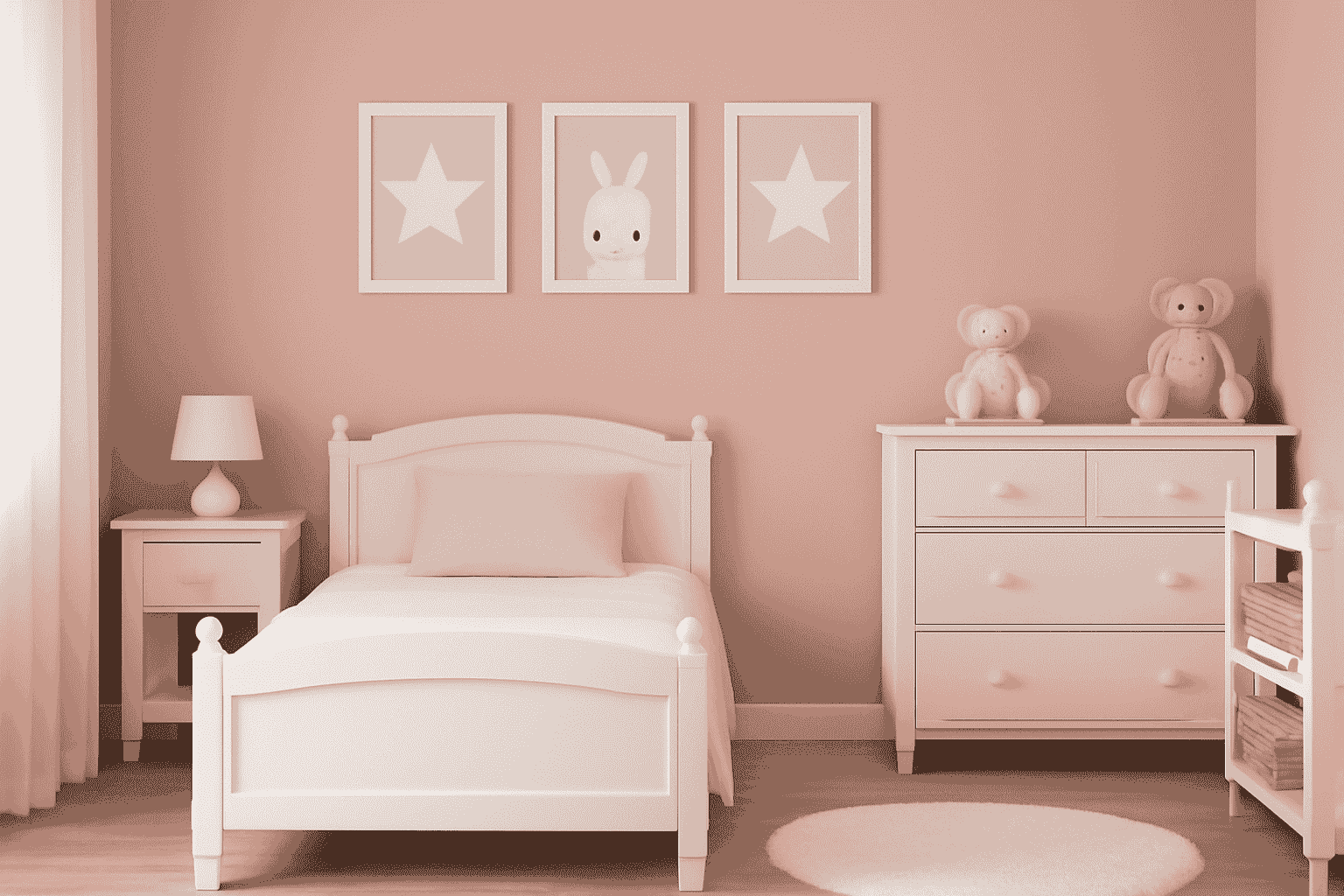 A soft rose and white children's bedroom with white furniture, framed wall prints, and a plush teddy bear