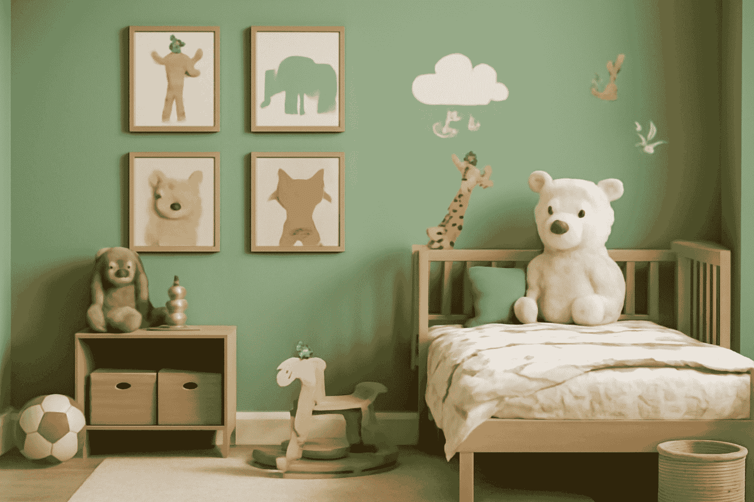 Whimsical children's room design with sage green walls, playful animal prints, and natural wood accents