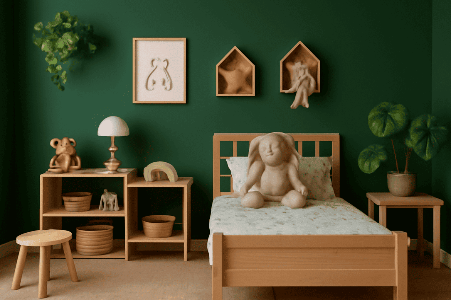 Forest green walls, light wood accents, playful plush toys, leafy plants, cosy bedroom design