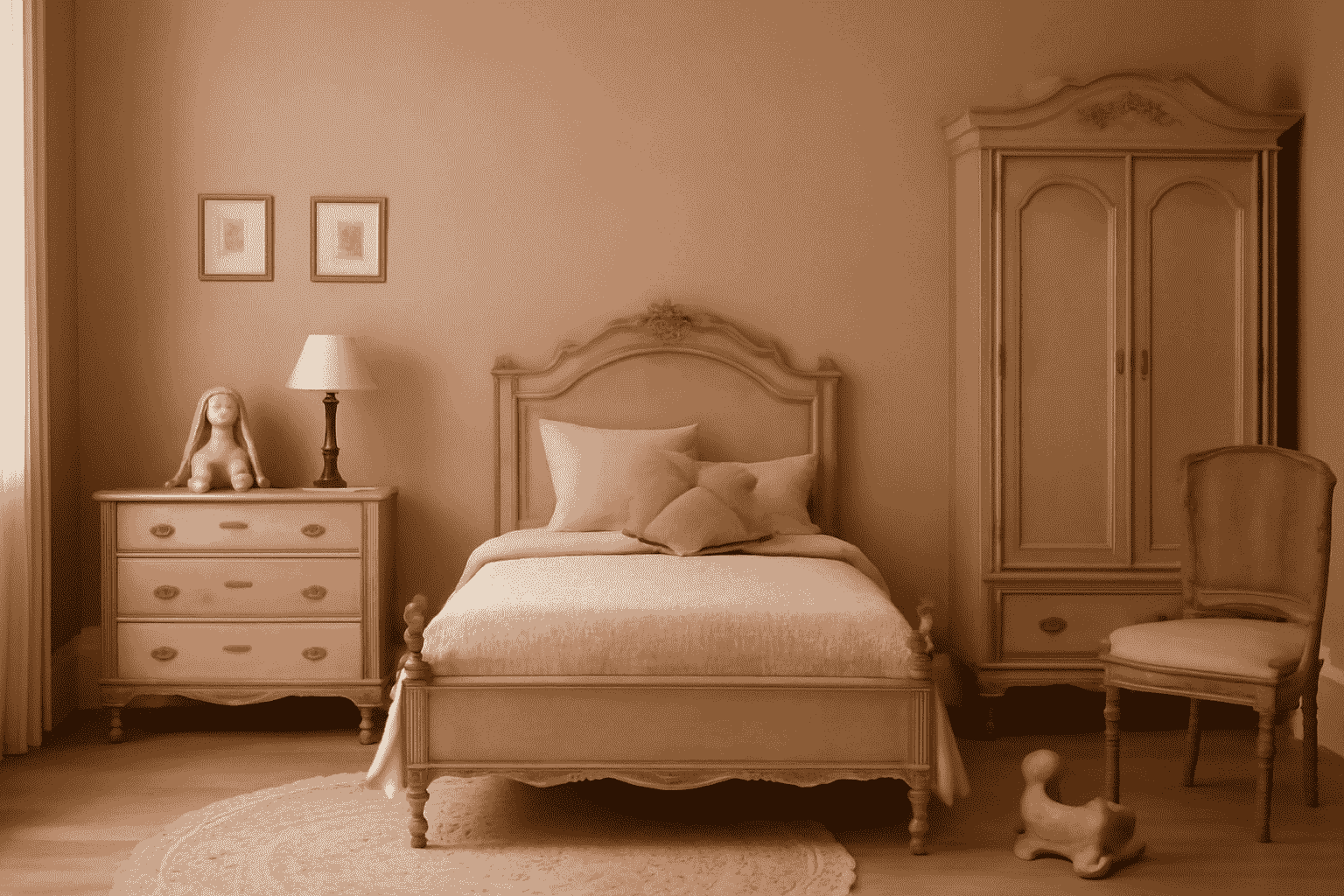 Vintage design, dusty rose, kid's room, antique cream furniture, bunny toy accent