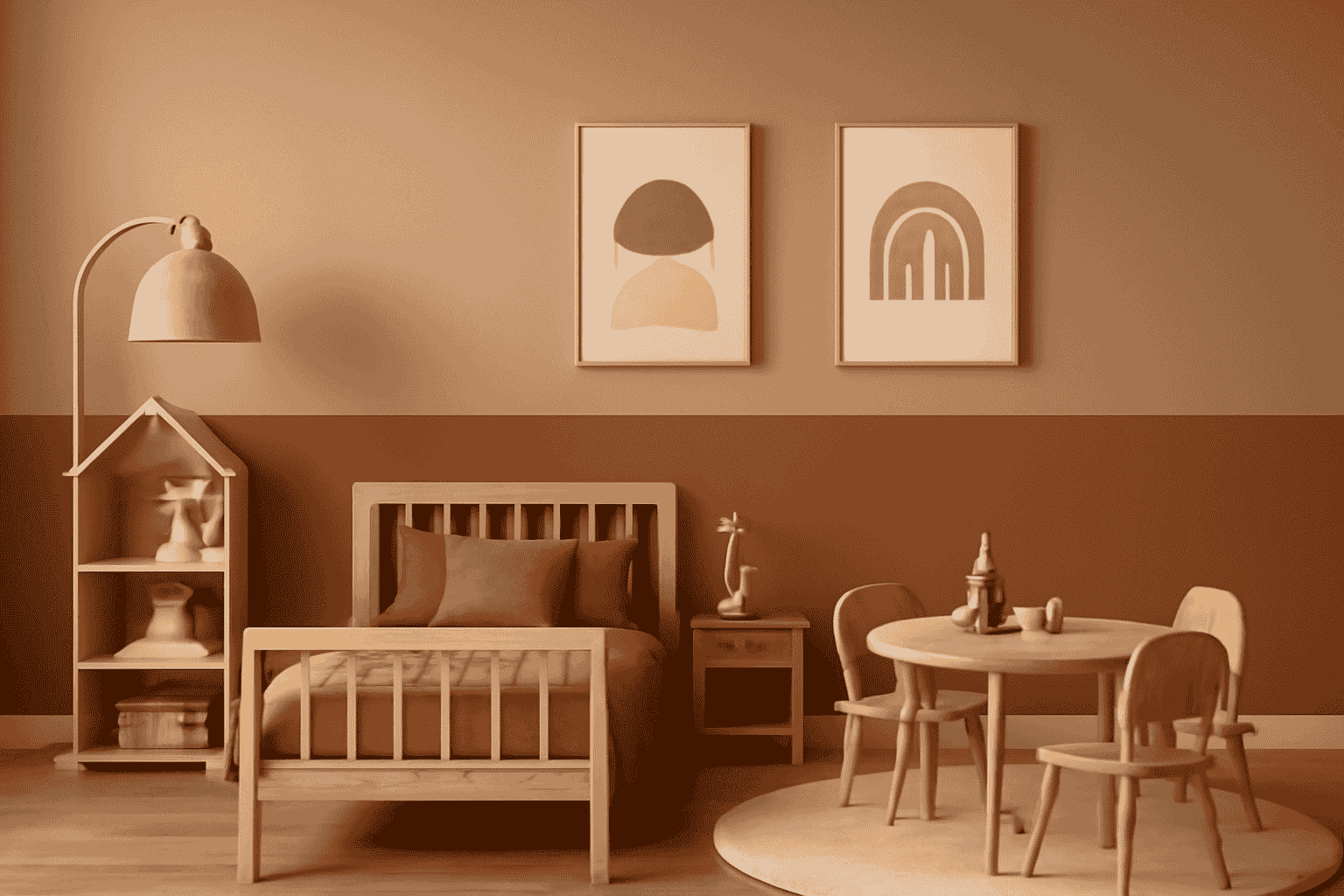 Muted Earth Tones design for a kid's room with terracotta walls, natural wood furniture, and a house-shaped shelving unit.