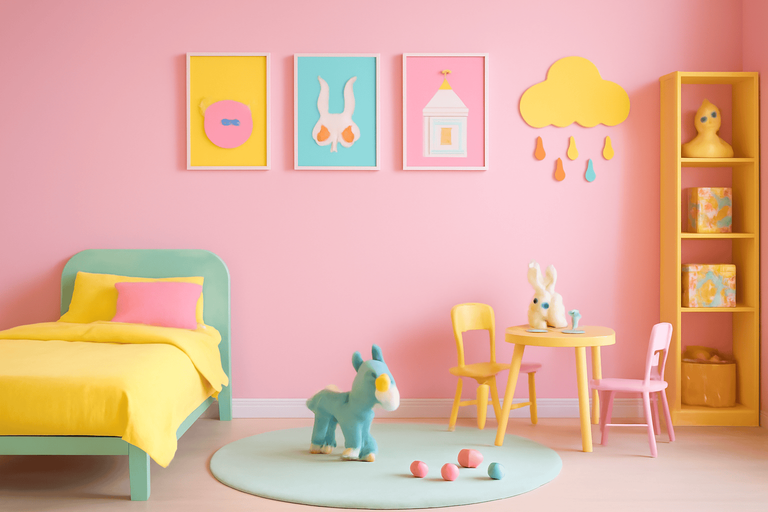 Candy-colored hues in a children's room with pink, green, yellow, and playful toys