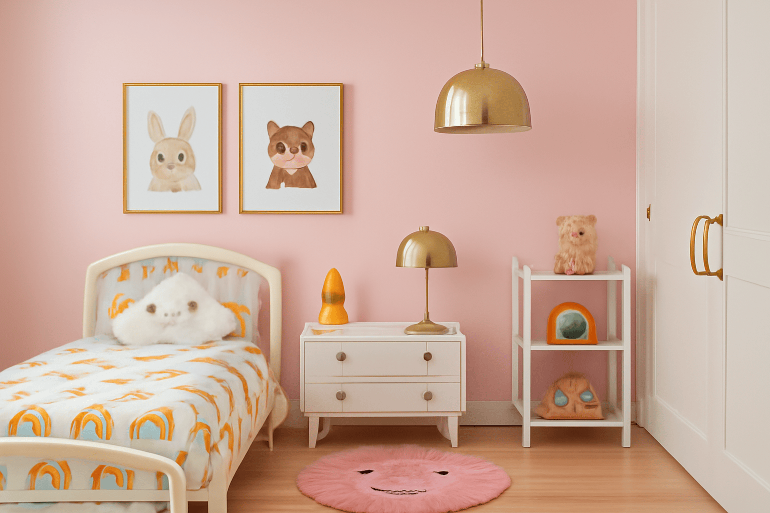 Cosy children's bedroom design with soft coral walls, beige carpet, and playful accessories like a rainbow shelf and star garland