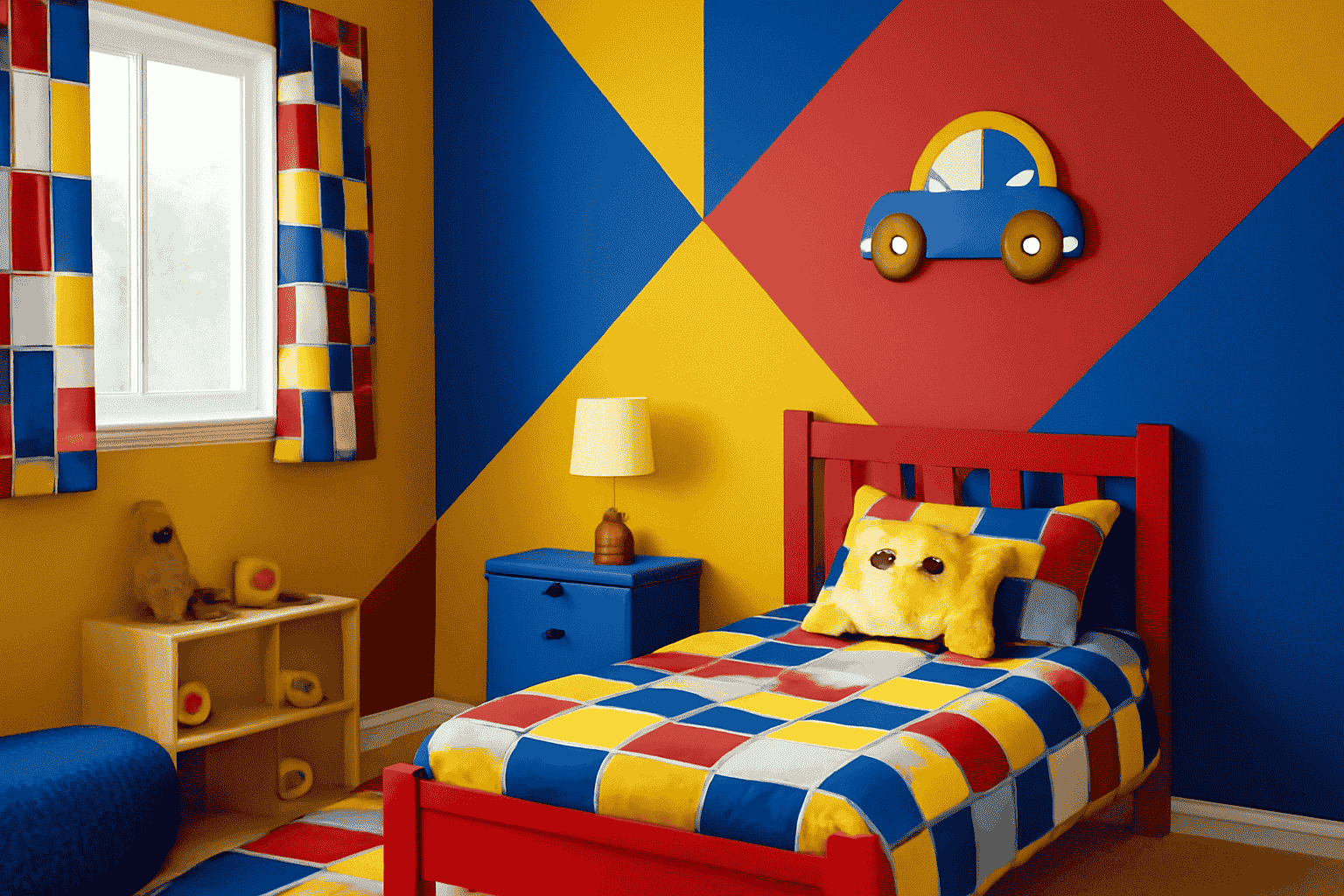 Vibrant geometric design, primary colours, children's room, red, blue, yellow, car wall accessory