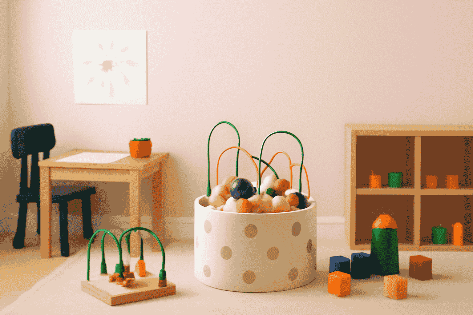 Interactive play area design with arts and crafts table, pastel bins, colourful blocks, and sensory toys