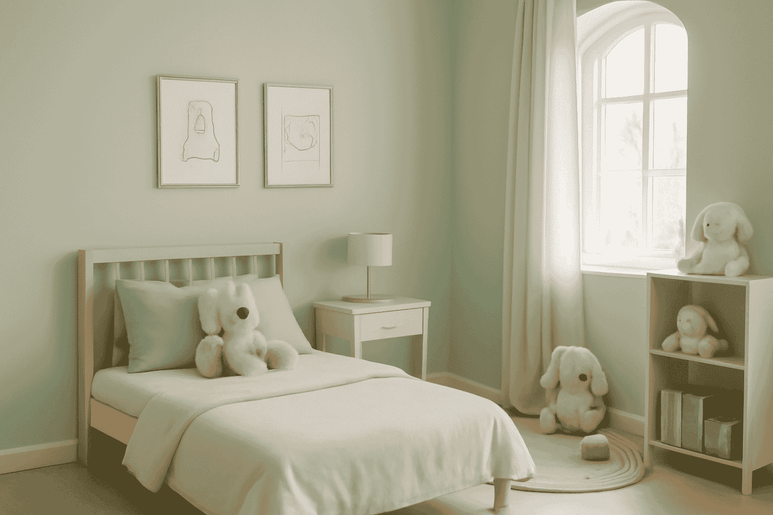 Serene Scandinavian bedroom design with pastel green walls, light wood furniture, and plush teddy bear accent