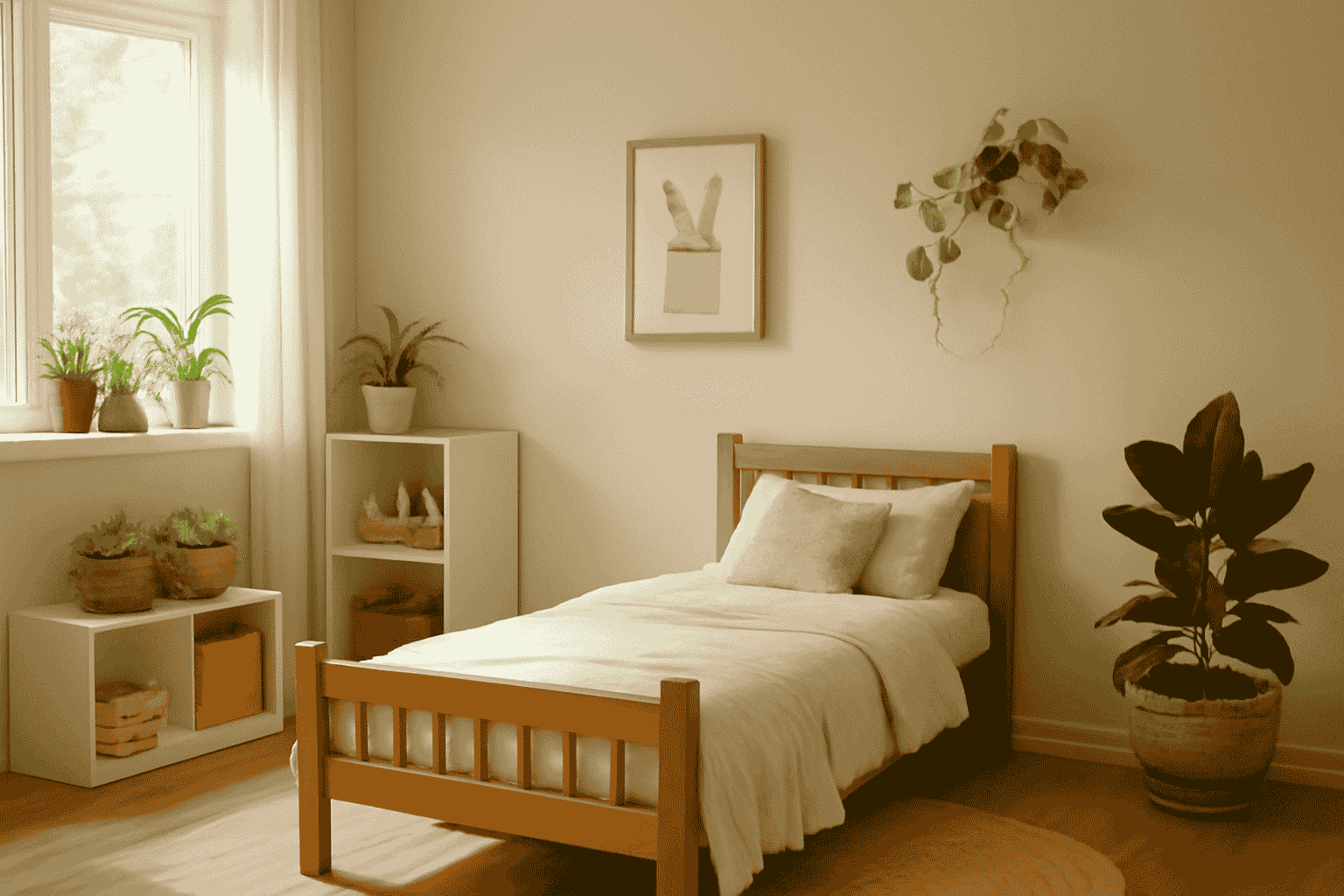 Minimalist children's bedroom with beige walls, light wood, green plants, and rabbit illustration