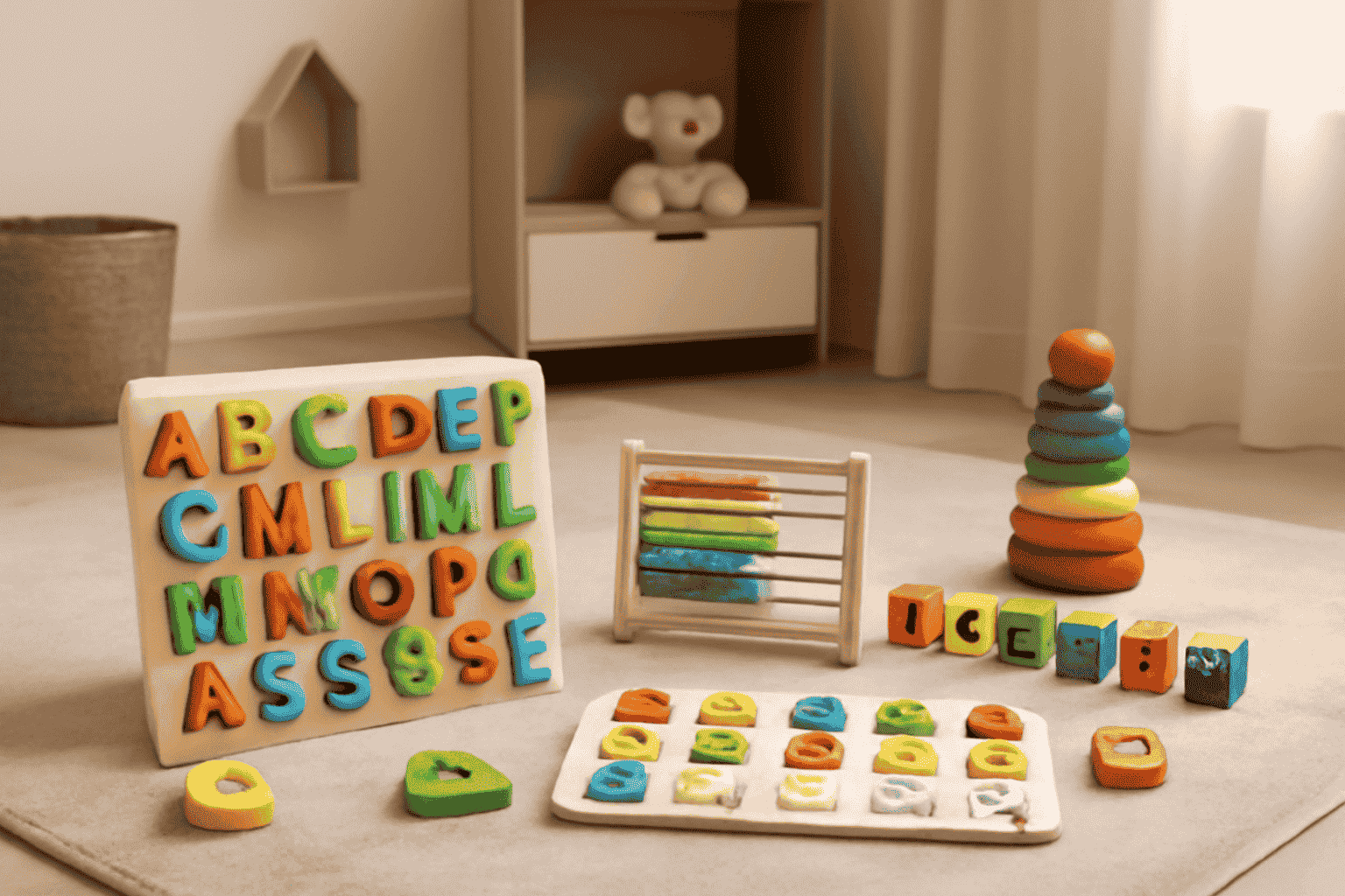 A modern educational playroom design with colourful alphabet toys, a rainbow stacker, and a wooden abacus