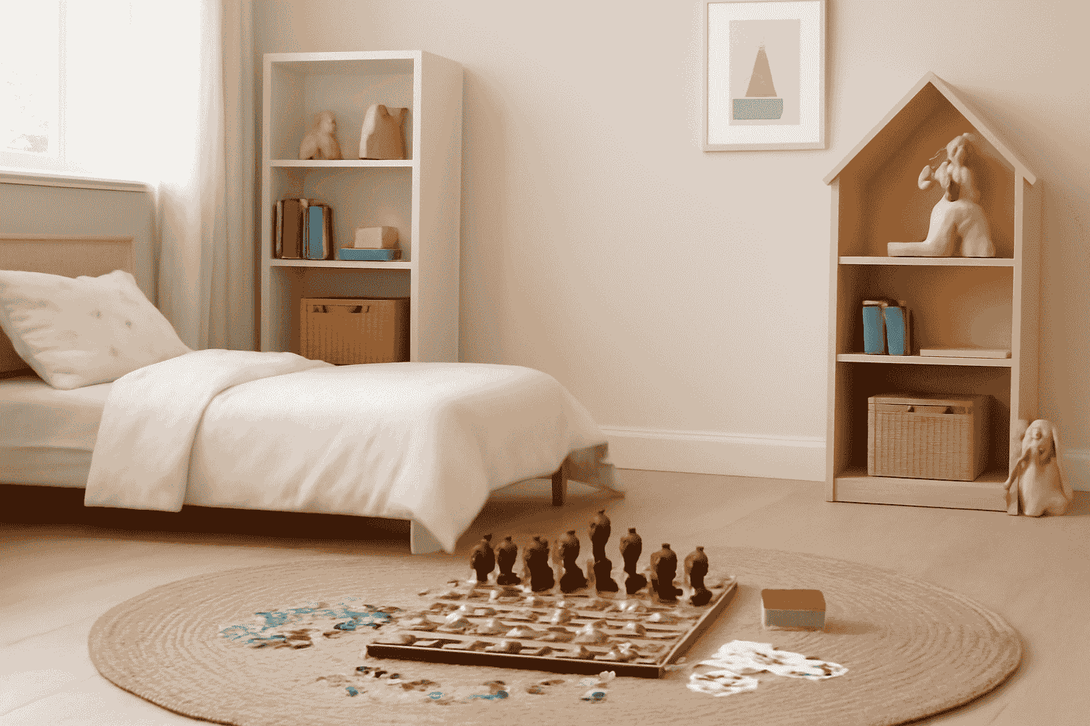 A cosy family activity space in a kid's room with beige, yellow, and off-white, featuring a house-shaped shelving unit