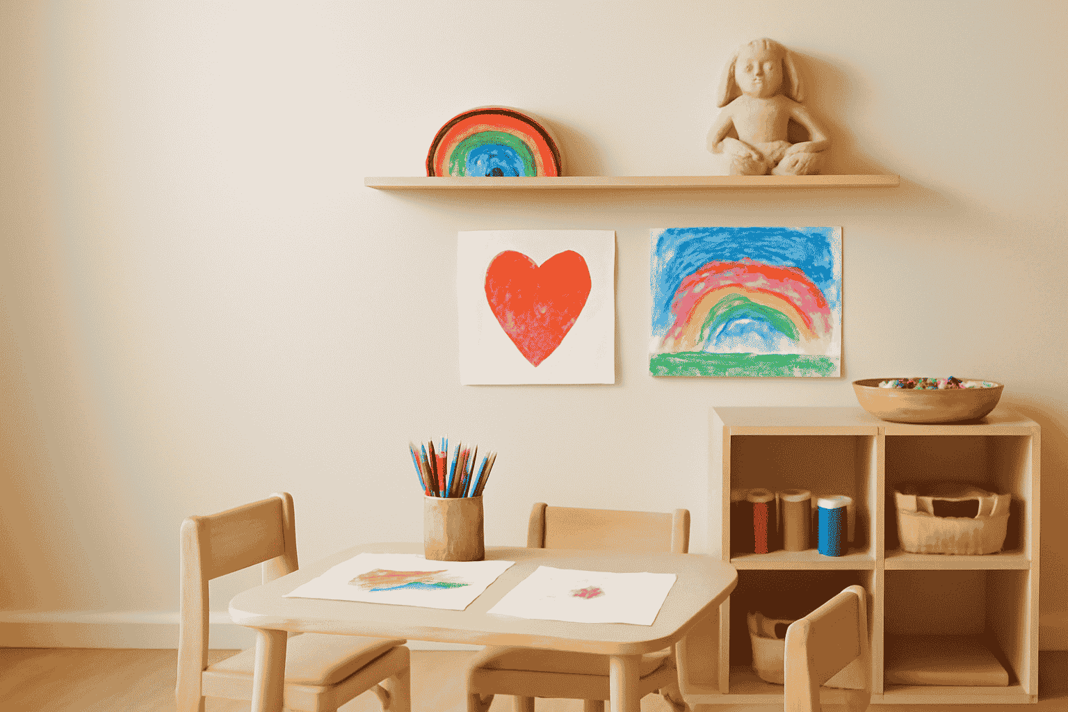 Creative children's art room with colourful accents, wooden furniture, and rainbow artwork