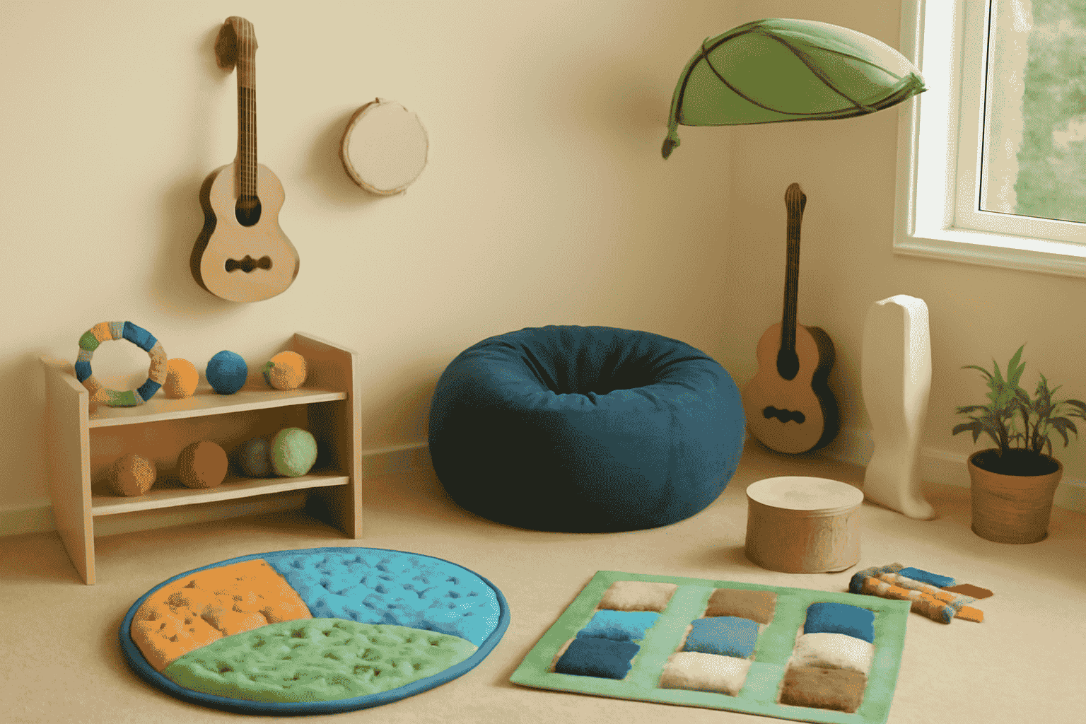 Vibrant sensory playroom design with musical instruments, textured toys, and soft pastel colours