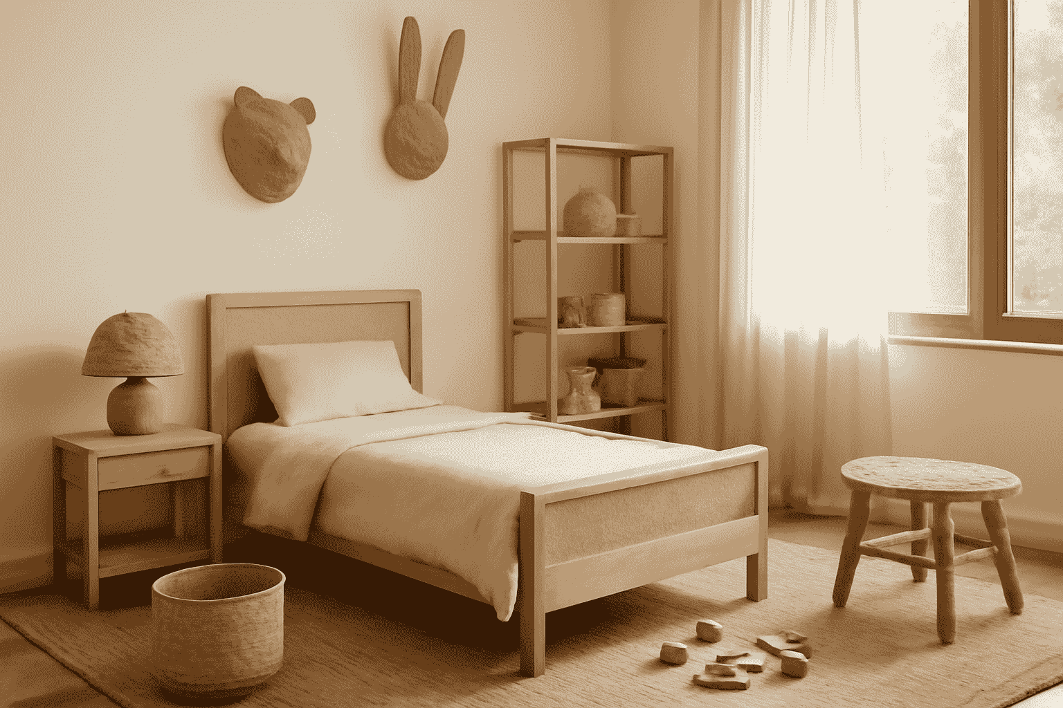 Natural design, kid's room, wooden furniture, cotton rugs, linen curtains, playful accessories