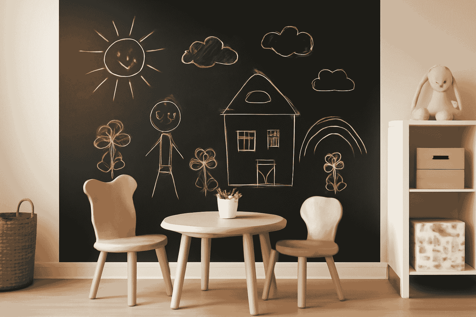 Children's room with black chalkboard wall, wooden furniture, neutral tones, and playful drawings