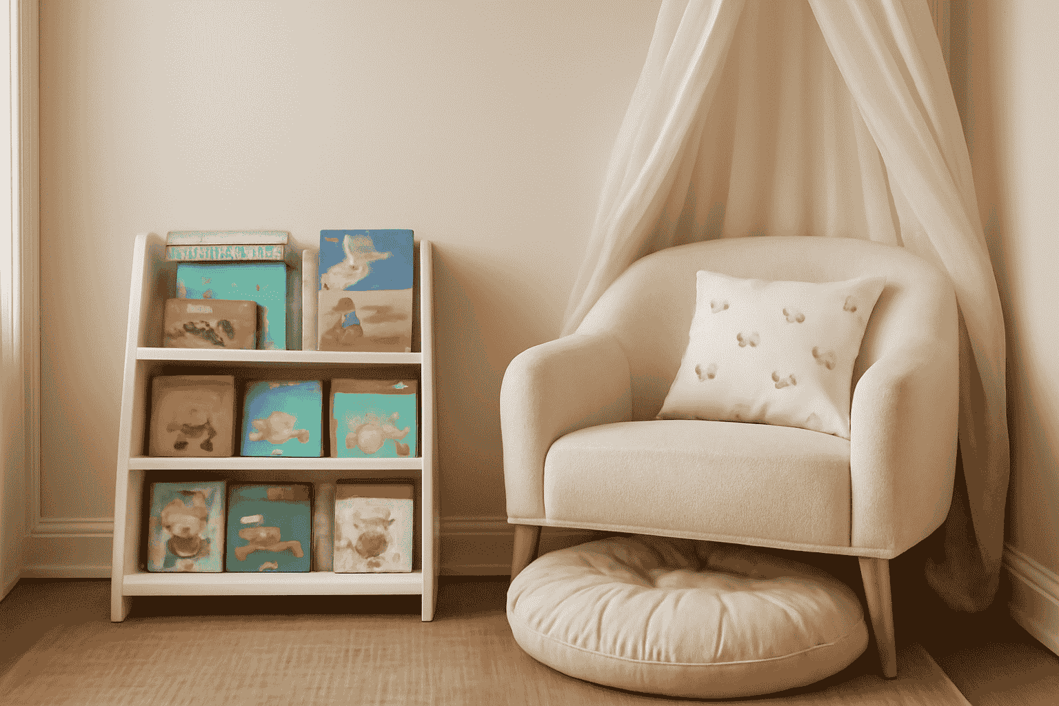 A cosy children's reading nook, featuring a white bookshelf, a pastel armchair, and a sheer canopy