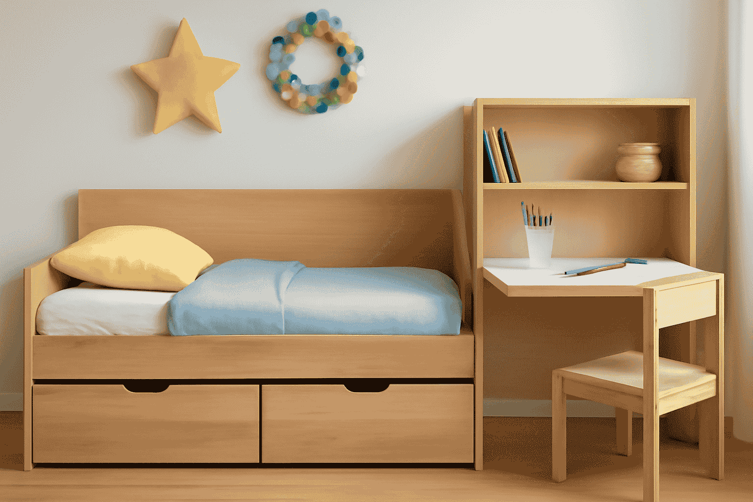 Minimalist kids' room with multifunctional wooden bed and foldable desk