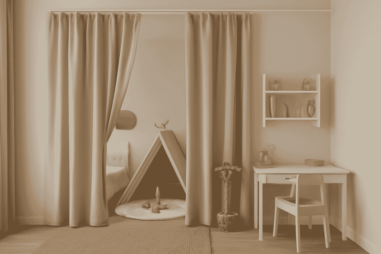 Minimalist curtain divider in children’s room with beige tones and play tent