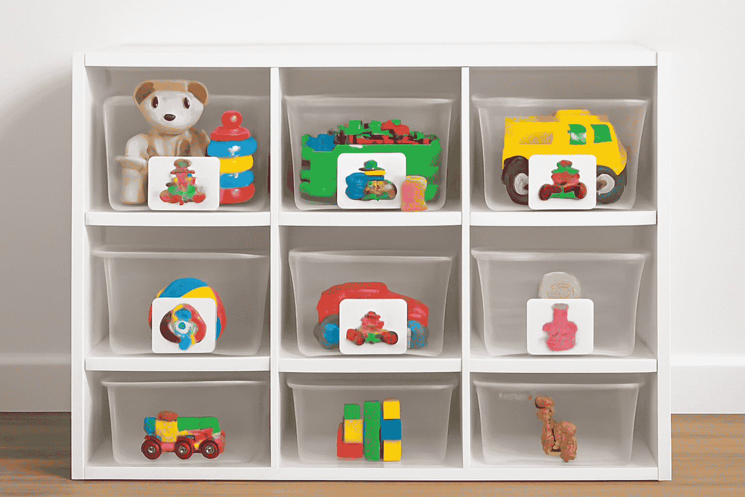 Modern toy storage unit with clear bins in a bright kids’ room